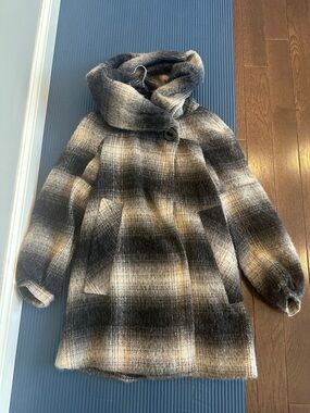 Zara Ombre Plaid Wool-Blend Hooded Trench Coat in Black, Gray, Cream